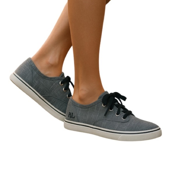 LAUREN RALPH LAUREN Jaelyn Low Top Sneakers Grey Black Fabric Logo Lace Up 8 - Picture 1 of 13